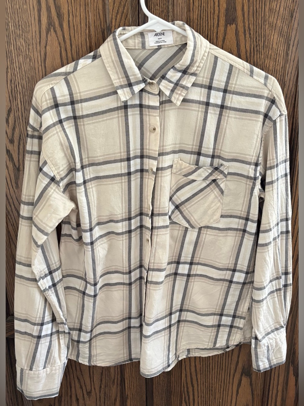 Ladies Cream and Gray Plaid Button-Down Shirt Sz XS ( May fit S/M)